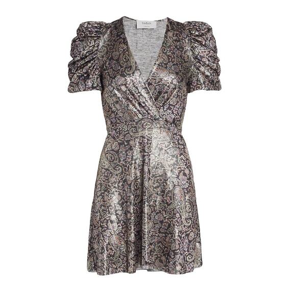 NWT BA&SH Gala Mini Dress Puffed Sleeve Surplice Neckline  Metallic Shimmer  LG - Picture 1 of 13